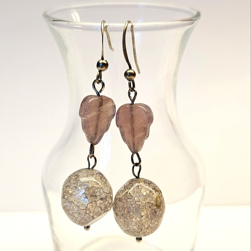 Handmade Purple Leaf Beaded Earrings